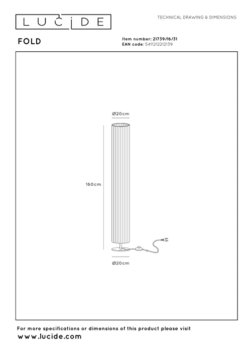 Lucide FOLD - Floor lamp - Ø 20 cm - 3xE27 - White - technical